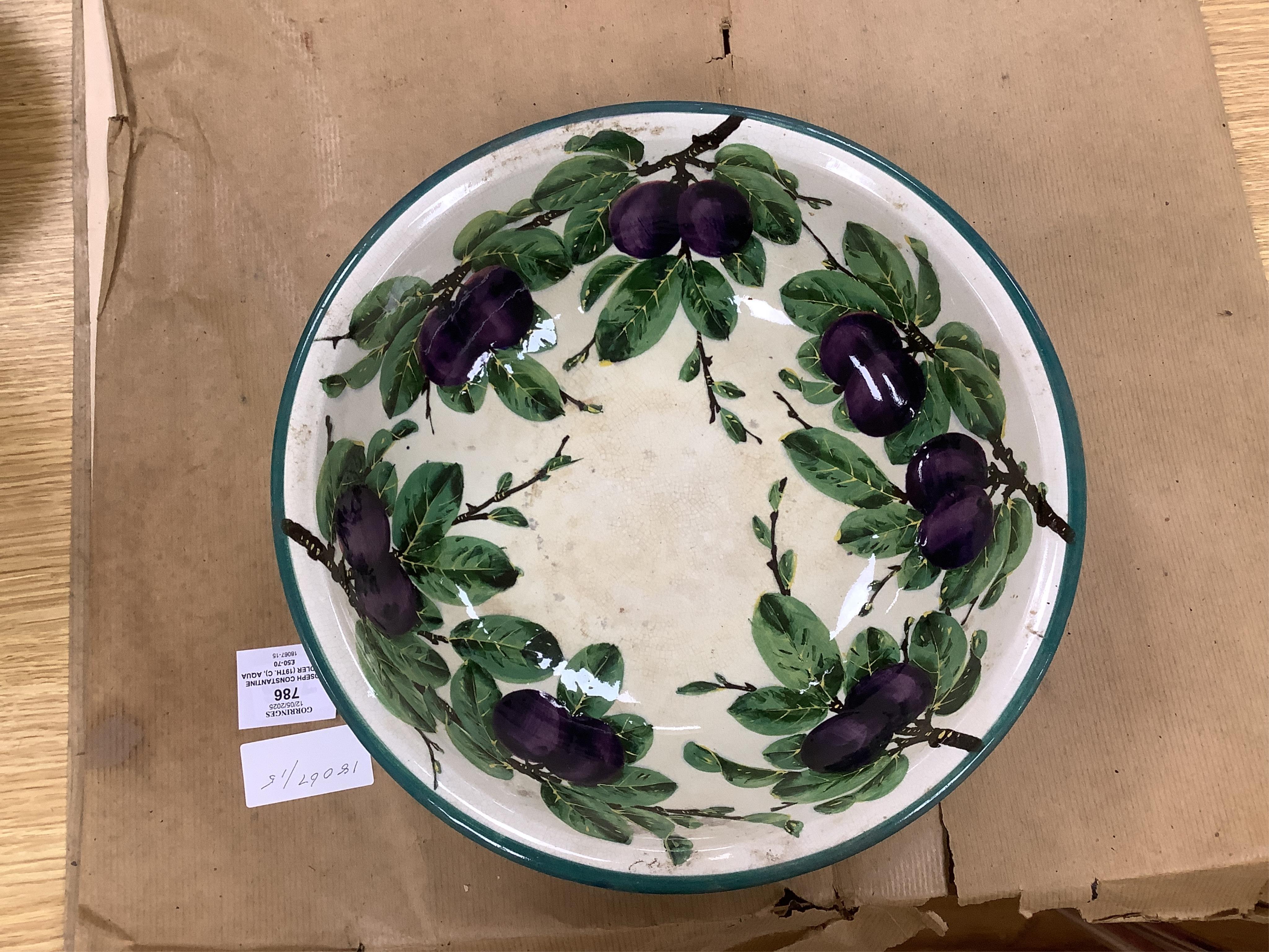 A Wemyss four-piece toilet set, a jug and basin, soap dish with liner, and bowl, damson pattern. Basin 39cm diameter., Condition - poor